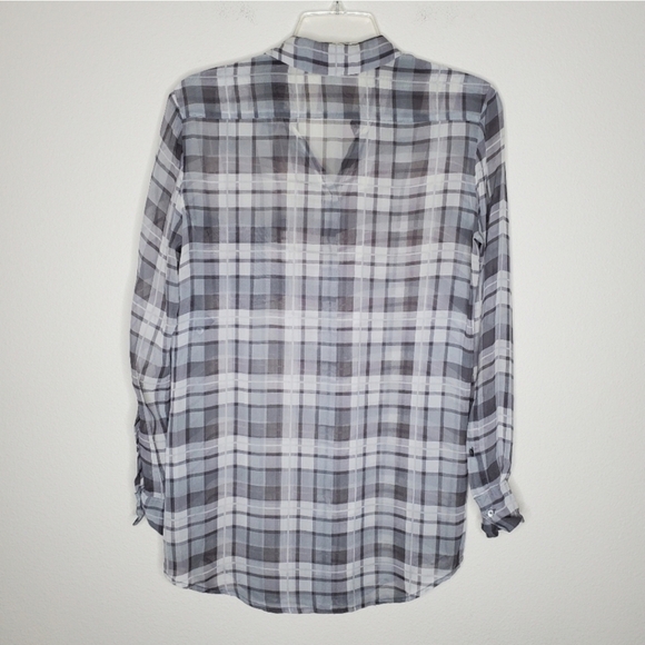 Aritzia Babaton Darien Gray Plaid Print Silk Button Front Long Sleeve Blouse Top - Picture 5 of 9